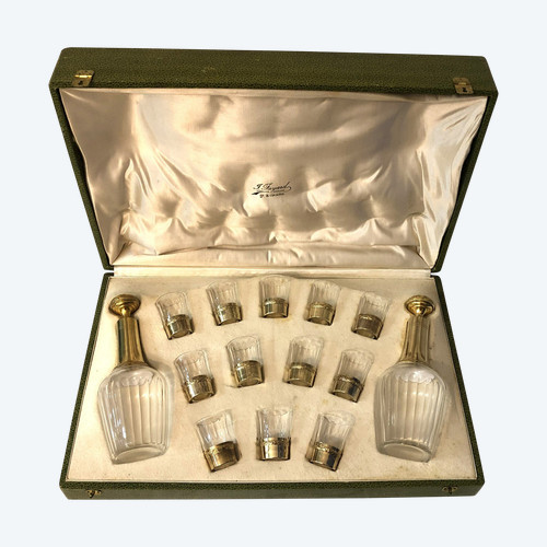 PAUL FOUCARD crystal and vermeil liqueur service / solid silver MINERVE 2 decanters + 12 glasses