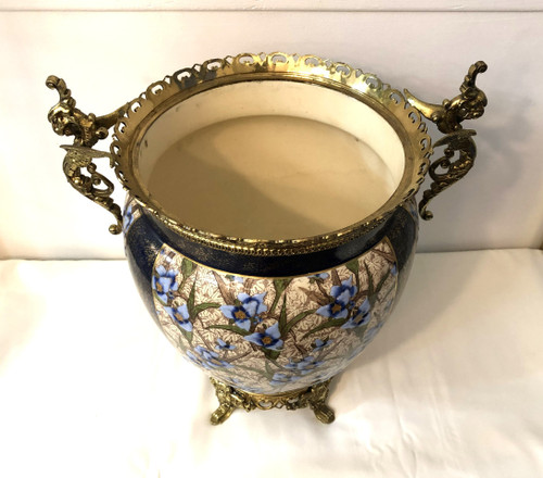 KG LUNEVILLE ancien et grand cache pot en faïence émaillé monté sur bronze