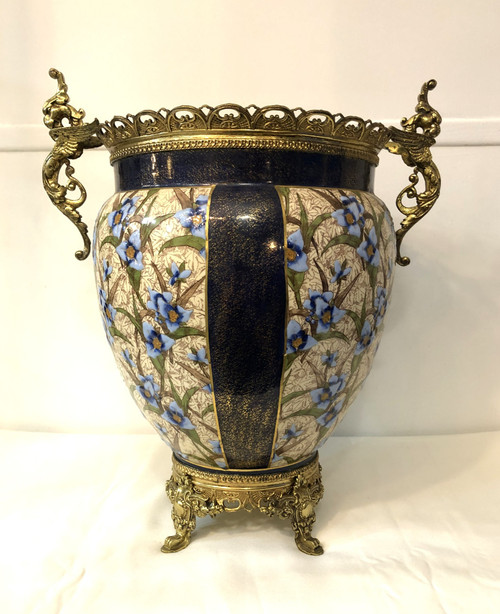 KG LUNEVILLE ancien et grand cache pot en faïence émaillé monté sur bronze