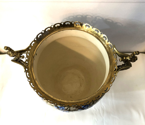 KG LUNEVILLE ancien et grand cache pot en faïence émaillé monté sur bronze