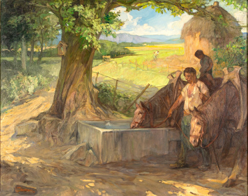 Rastende Pferde an der Tränke Öl auf Leinwand von Jules Pierre Van Biesbroeck