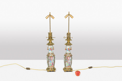 Pair of Canton porcelain and bronze lamps. Circa 1880.