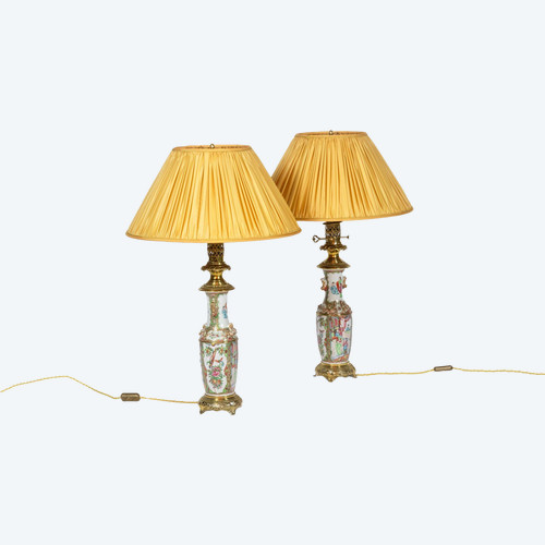 Pair of Canton porcelain and bronze lamps. Circa 1880.