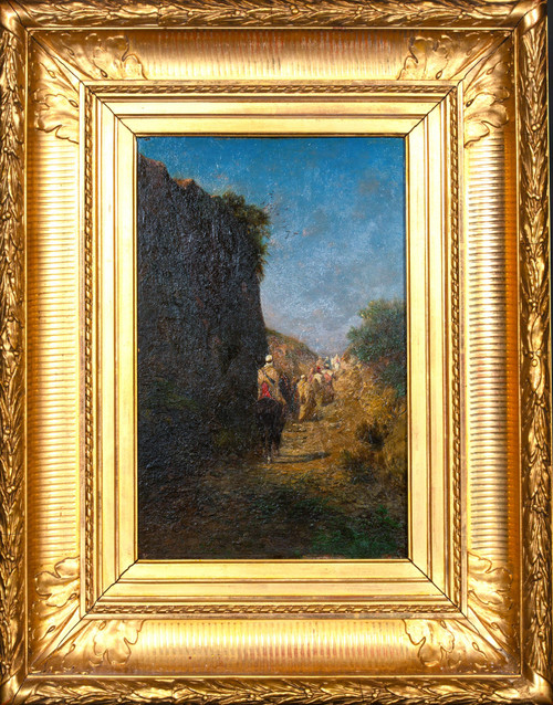 Riders and Bedouins walking on a path near a cliff, Oil on panel by Honoré BOZE (