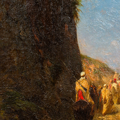 Riders and Bedouins walking on a path near a cliff, Oil on panel by Honoré BOZE (