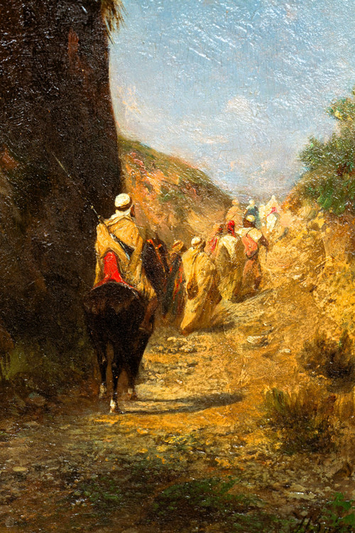 Riders and Bedouins walking on a path near a cliff, Oil on panel by Honoré BOZE (