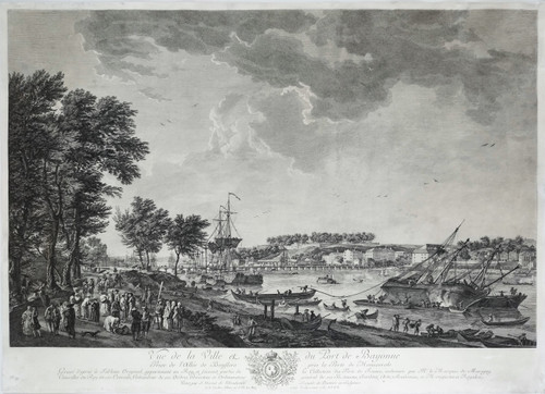Seascape Engraving View Of The Port Of Bayonne By Cochin  After Vernet 18th C Etching Old Print