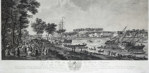 Seascape Engraving View Of The Port Of Bayonne By Cochin  After Vernet 18th C Etching Old Print