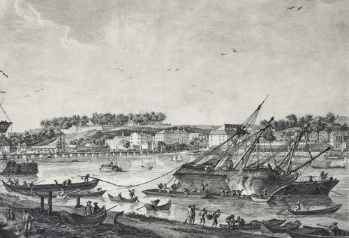 Seascape Engraving View Of The Port Of Bayonne By Cochin  After Vernet 18th C Etching Old Print