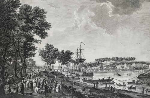 Seascape Engraving View Of The Port Of Bayonne By Cochin  After Vernet 18th C Etching Old Print