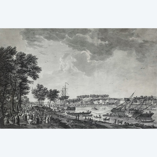 Seascape Engraving View Of The Port Of Bayonne By Cochin  After Vernet 18th C Etching Old Print