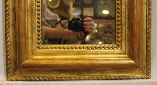 Miroir Ancien Doré Et Perlé, Format Carré, Glace Mercure 43 X47 Cm