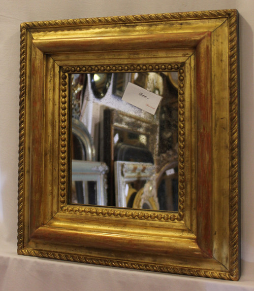 Miroir Ancien Doré Et Perlé, Format Carré, Glace Mercure 43 X47 Cm