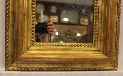 Miroir Ancien Doré Et Perlé, Format Carré, Glace Mercure 43 X47 Cm