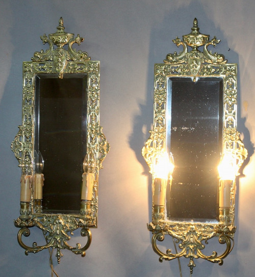 Paar Bronze Wandleuchten mit Spiegel mit 2 Leuchten