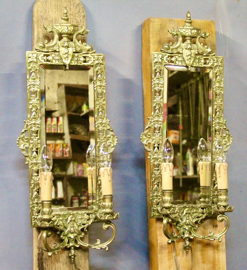 Paar Bronze Wandleuchten mit Spiegel mit 2 Leuchten