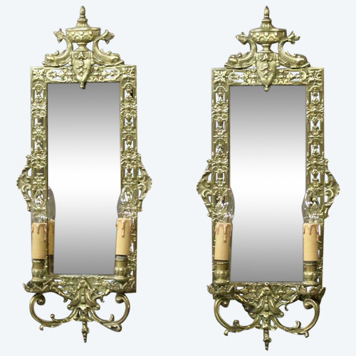 Paire d'Appliques En Bronze  Avec Miroir à 2 Feux De Lumière 