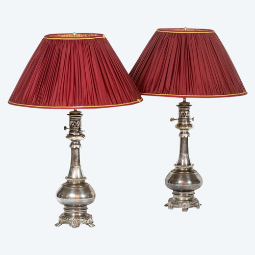 Pair of metal and silver-plated bronze lamps. Circa 1880