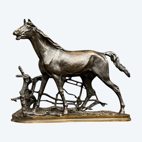 PIERRE JULES MÊNE SCULPTURE BRONZE " CHEVAL A LA BARRIERE DJINN ÉTALON BARBE 