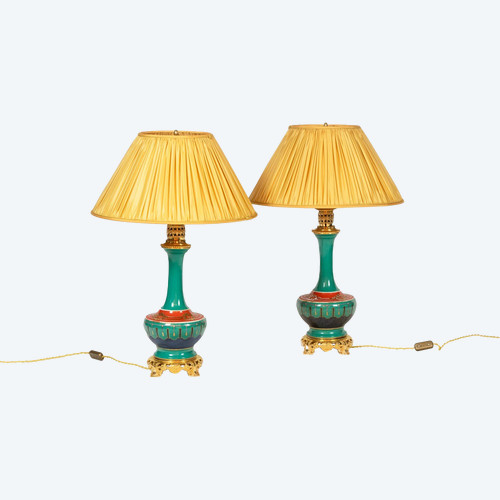 Pair of Paris porcelain and gilt bronze lamps. Circa 1850.