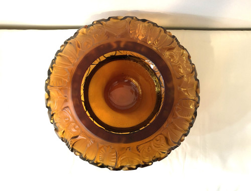 Superb ART DECO amber crystal vase signed PORTIEUX feather design 29 cm