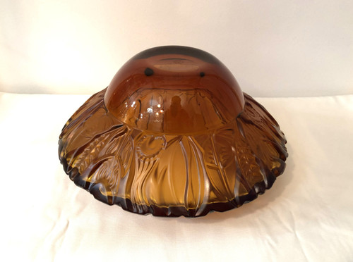 Superb ART DECO amber crystal vase signed PORTIEUX feather design 29 cm