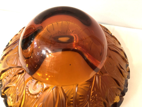 Superb ART DECO amber crystal vase signed PORTIEUX feather design 29 cm