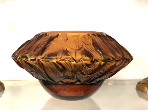 Superb ART DECO amber crystal vase signed PORTIEUX feather design 29 cm