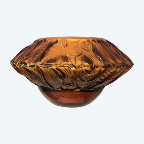 Superb ART DECO amber crystal vase signed PORTIEUX feather design 29 cm