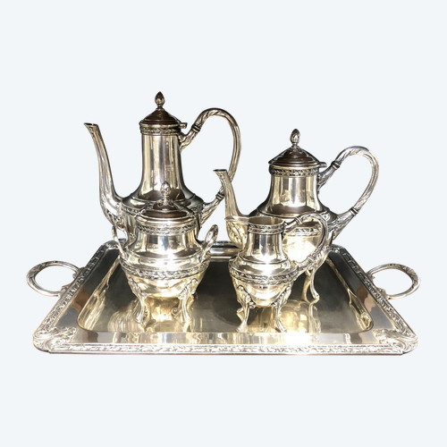 CHRISTOFLE 4-piece silver-plated coffee/tea service + tray, LAURIER model