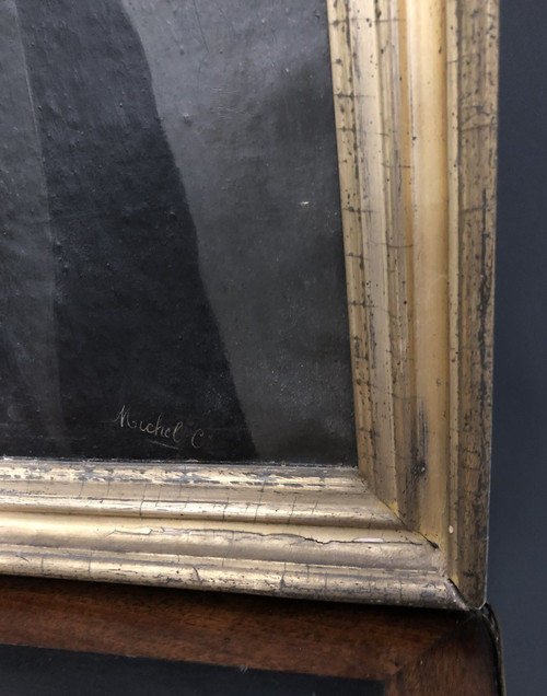 Ancien portrait de notable encadré signé MICHEL C. cadre doré à la feuille d'or Huile sur toile XIX