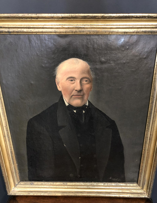 Ancien portrait de notable encadré signé MICHEL C. cadre doré à la feuille d'or Huile sur toile XIX