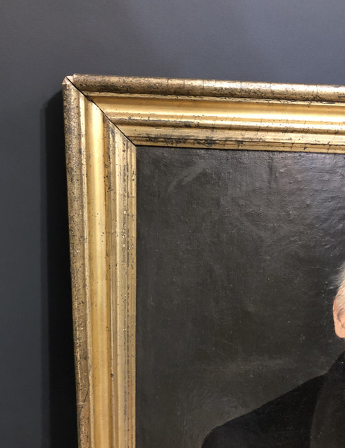 Ancien portrait de notable encadré signé MICHEL C. cadre doré à la feuille d'or Huile sur toile XIX
