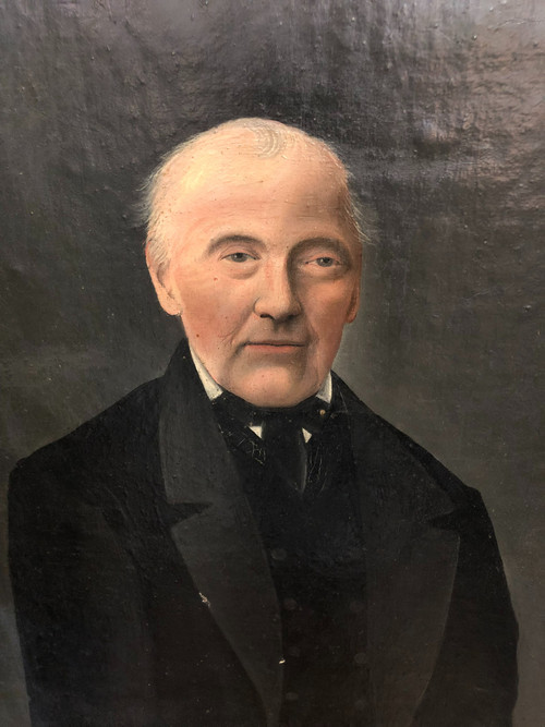 Ancien portrait de notable encadré signé MICHEL C. cadre doré à la feuille d'or Huile sur toile XIX