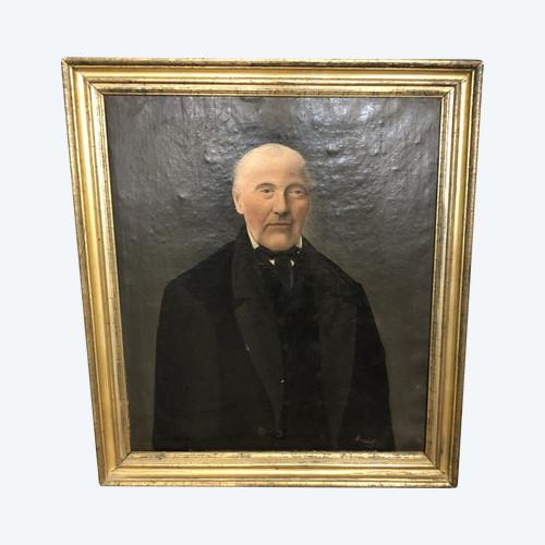 Ancien portrait de notable encadré signé MICHEL C. cadre doré à la feuille d'or Huile sur toile XIX