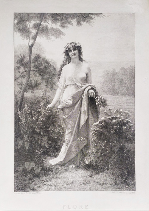 Etching Flora Mythological Engraving  Nymph After Alexandre Cabanel 19th C Old Print
