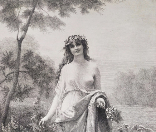 Etching Flora Mythological Engraving  Nymph After Alexandre Cabanel 19th C Old Print
