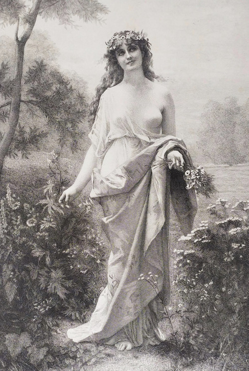 Etching Flora Mythological Engraving  Nymph After Alexandre Cabanel 19th C Old Print