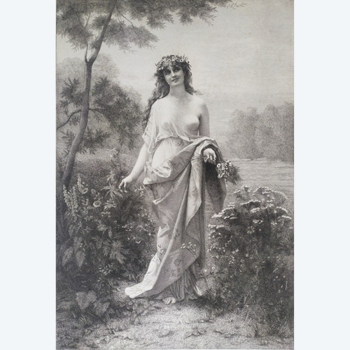 Etching Flora Mythological Engraving  Nymph After Alexandre Cabanel 19th C Old Print