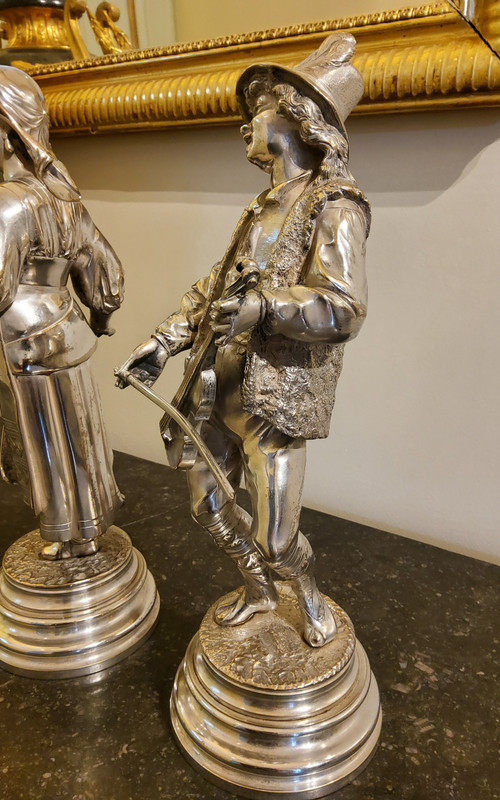 Pair of Silvered Bronze Sculptures of Abruzzo Characters_ Lalouette 19th Century Sculptor