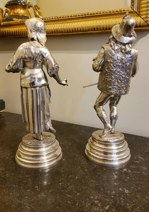 Pair of Silvered Bronze Sculptures of Abruzzo Characters_ Lalouette 19th Century Sculptor