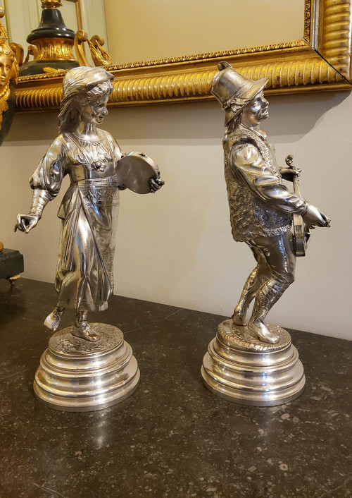 Pair of Silvered Bronze Sculptures of Abruzzo Characters_ Lalouette 19th Century Sculptor