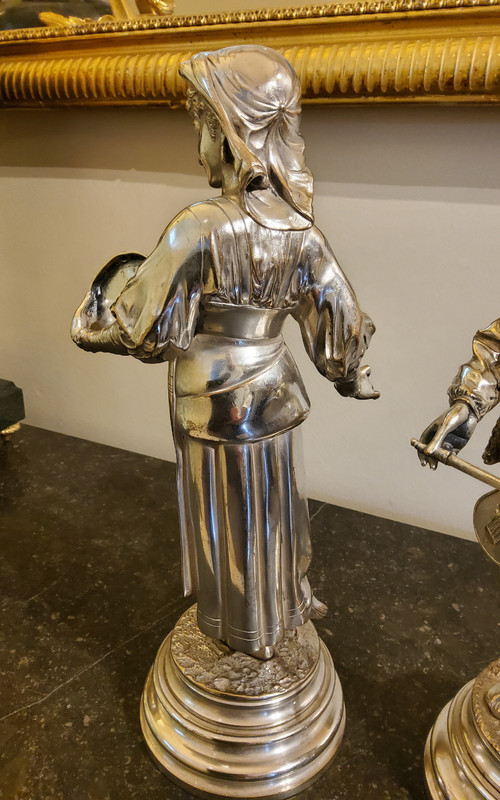 Pair of Silvered Bronze Sculptures of Abruzzo Characters_ Lalouette 19th Century Sculptor