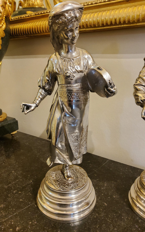 Pair of Silvered Bronze Sculptures of Abruzzo Characters_ Lalouette 19th Century Sculptor