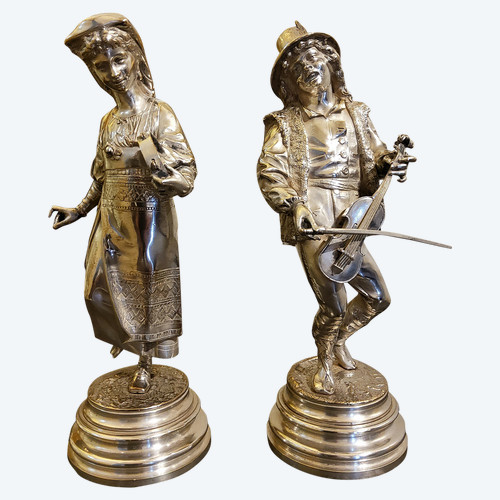 Pair of Silvered Bronze Sculptures of Abruzzo Characters_ Lalouette 19th Century Sculptor