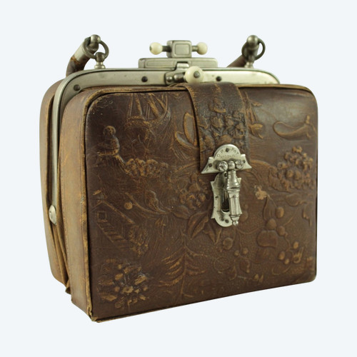 Petit sac en cuir gaufré époque Victorienne, Angleterre, fin 19ème siècle