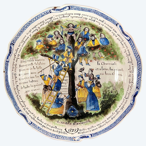 France, Auxerrois, Fin Du XIXème Siècle, Saladier En Faïence Polychrome Dit "à l'Arbre d'Amour.