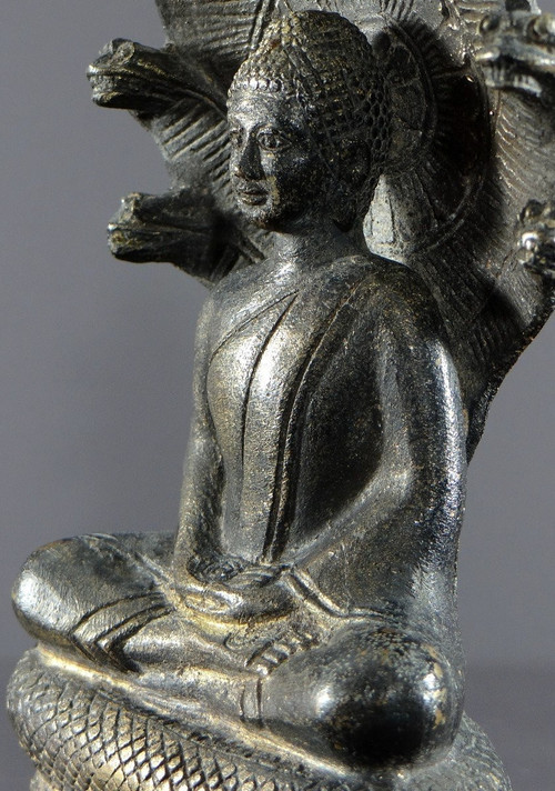 Thailandia o Birmania, anni '30/'50, Statua del Buddha sotto i Naga in bronzo.