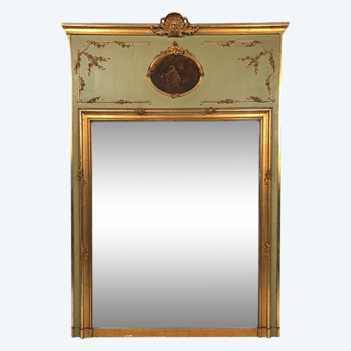 Large Louis XVI style trumeau, green lacquered wood, early 20th century gilding