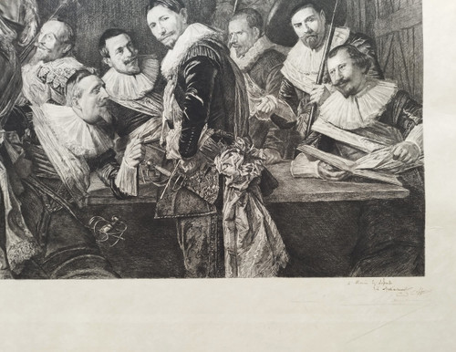 Kupferstich nach einem flämischen Gemälde von Frans Hals. Treffen der Offiziere